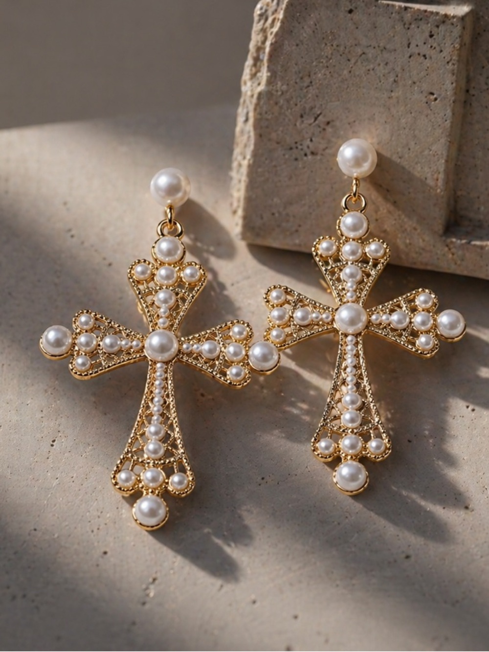 Gold Pearl Cross Drop Earrings